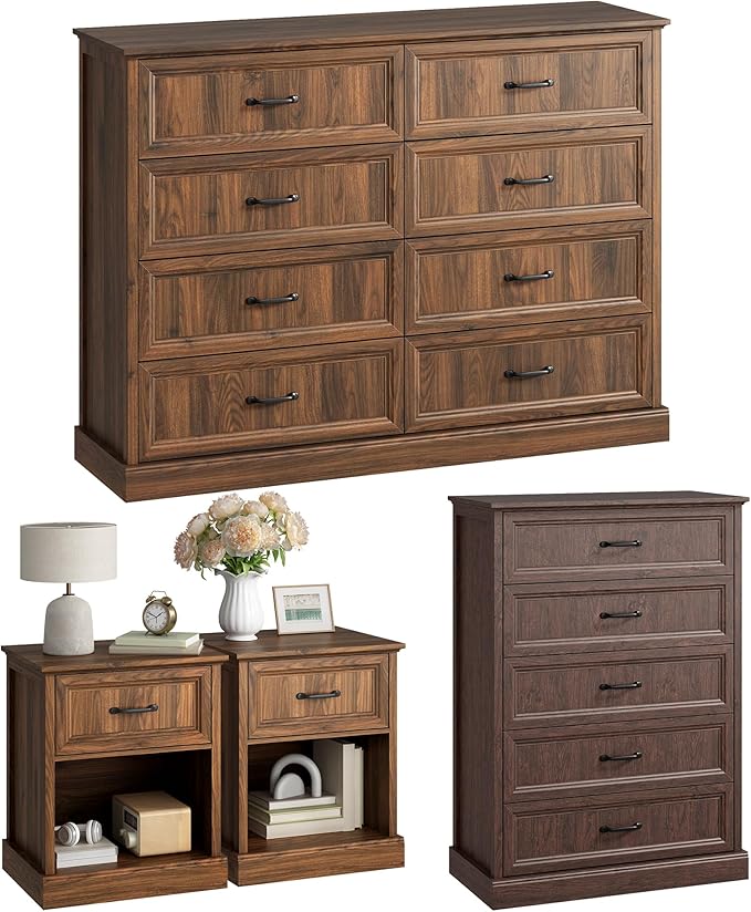 CARPETNAL Farmhouse Dresser and Nightstand Sets for Bedroom, 4 Pcs Bedroom Set, 5 Drawer & 8 Drawer Dresser and Nightstand Set of 2, Wood Chest of Drawers for Living Room, Entryway, Brown