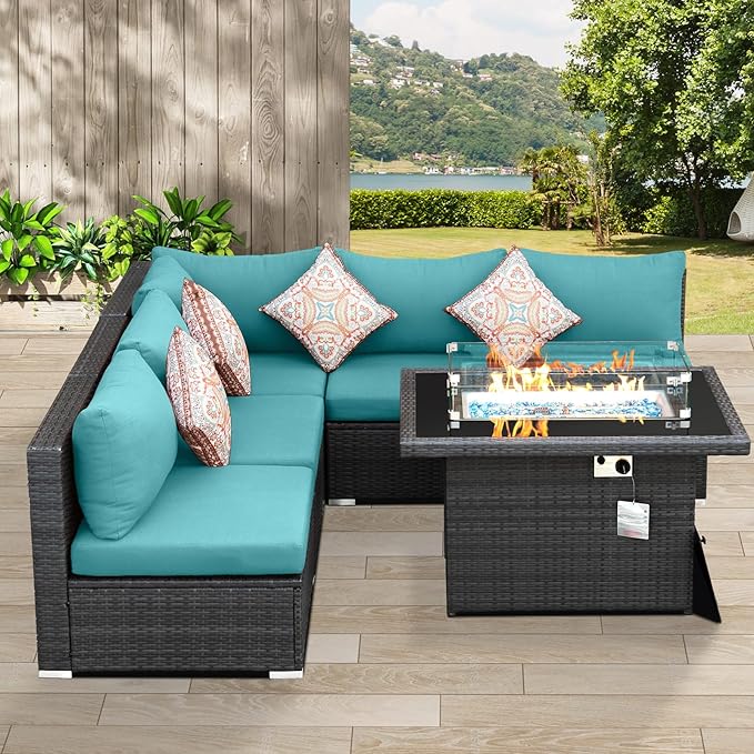NICESOUL 6 Piece L Shaped Patio Furniture Set with Fire Pit Natural Gas/Propane, 29.3'' High Back Comfy Outdoor Conversations for Outside, Big Size Deep Wide Couches, 2 Color Cushion Turquoise & Grey