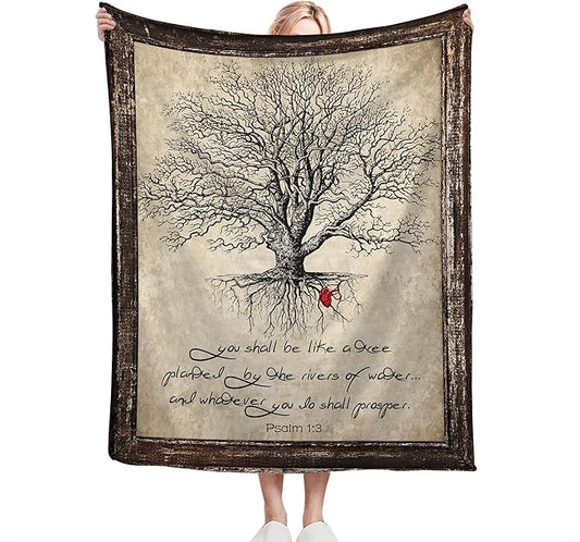 Christian Bible Tree of Life Throw Blanket - Religious Gifts and Decor for Women Men Adults - Soft Warm Cozy Fleece for Couch Sofa Bed 60"x50"