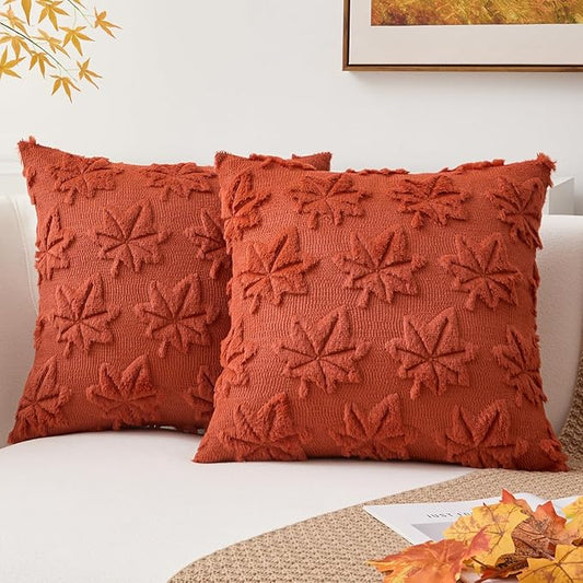 Kevin Textile Maple Leaf Pillow Covers 18x18 Inch Set of 2 Fallen Leaves Embroidery Decor Soft Plush Faux Fur Throw Pillows Pillowcases for Holiday Harvest Decor Sofa Couch Bedroom, Rust