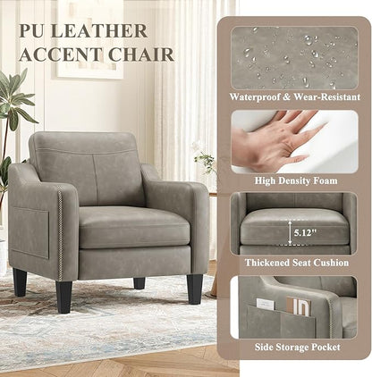 PU Leather Accent Chair, Mid-Century Modern Living Room Armchair Sofa with Removable Cushions, Solid Wood Frame & Stitched Armrest Design, Bedroom Chair with Plastic Legs, Grey