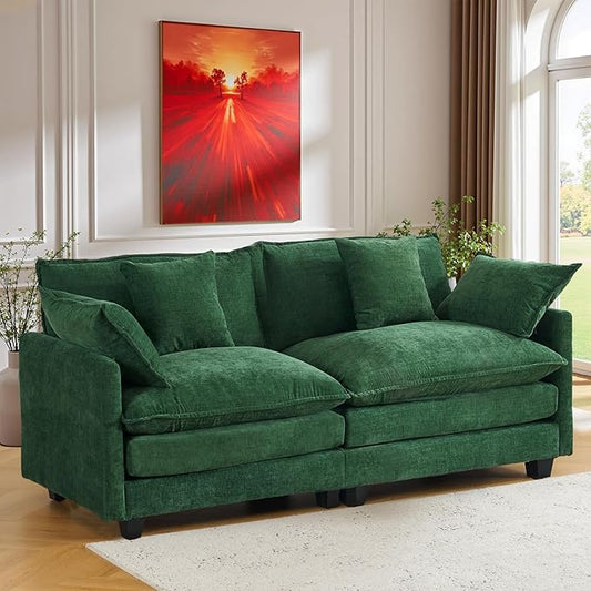 77" Cloud Chenille Sofa Set with Pillows, Deep Seat Loveseat Couch for Apartments, Space Saving 2-Seater with Solid Wood Frame, Easy Assembly (1YR Guarantee)