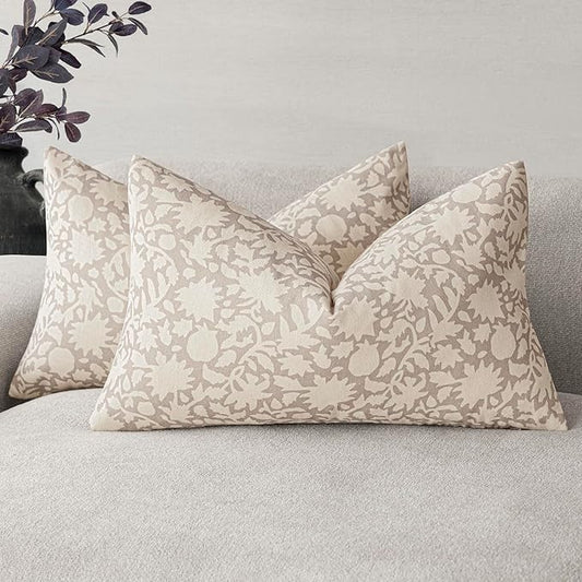 Foindtower Set of 2 Decorative Neutral Floral Throw Pillow Covers Accent Farmhouse Cushion Covers Boho Lumbar Pillowcase for Couch Sofa Bedroom Living Room Home Decor,12×20 Inch,Ivory Beige