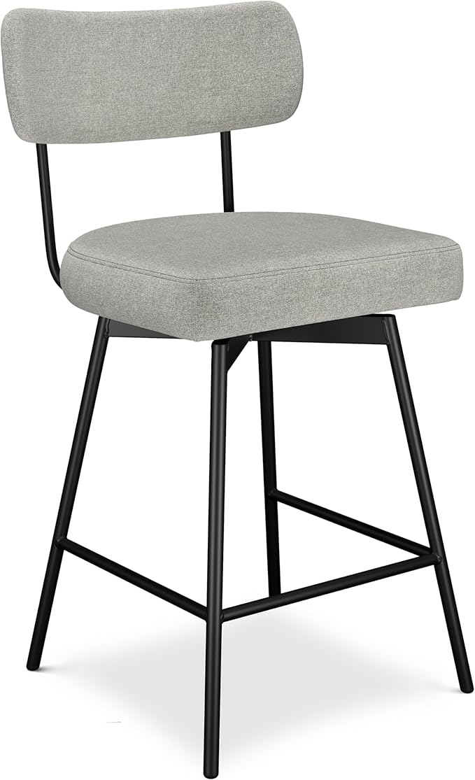 SIMPLIHOME Giselle Counter Stools (Set of 2) - 24 Inch Seat Height Swivel Upholstered Metal Kitchen Stools in Light Grey Polyester Linen, Contemporary Modern Seating with Padded Seat and Backrest