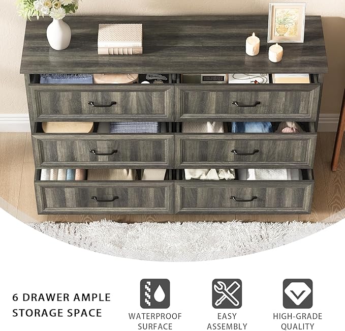 CARPETNAL Farmhouse Dresser and Nightstand Sets for Bedroom, 4 Pcs Bedroom Set, 5 Drawer & 6 Drawer Dresser and Nightstand Set of 2, Wood Chest of Drawers for Living Room, Entryway, Grey