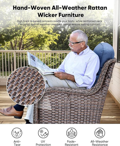 HUMMUH Outdoor Swivel Rocker Wicker Patio Chairs Set of 2, Rattan Rocking Chair Furniture Set(Brown,Blue)