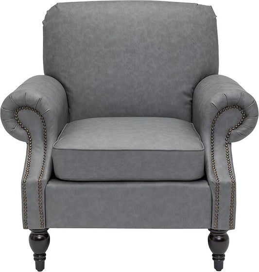 Accent Chair,22.4" Seat Depth Armchair with Roll Arms,36.6W*34.3D*34.6H Living Room Chair,Wood Legs,Set of 1,Faux Leather in Gray