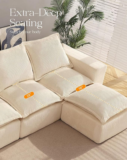 137" Comfy Cloud Couch with U-Shape Chaise & Deep Seat, Modular Sectional Sofa in a Box, Boneless Upholstered Couches for Living Room, No Assembly Required (Soft Corduroy, Beige)