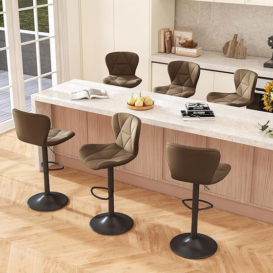 Bar Stools Set of 6,Adjustable Swivel Barstools, Faux Leather Bar Chairs,Upholstered Counter Height with High Backrest for Kitchen Island, Dark Khaki