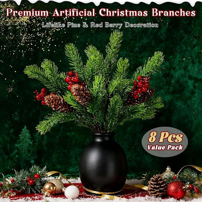8PCS Artificial Pine Branches with Red Berry Pine Cones Artificial Needles Branches Greenery Stems Fake Greenery Floral Arrangements