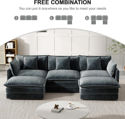 Modular Sectional Sofa, U-Shaped Cloud Sofa with Deep Seat, 111.5 Inch Chenille Sofa with Movable Ottoman, 3-Self Sectional Sofa for Living Room Apartment, Gray