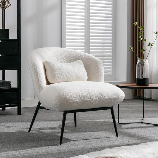 HEAH-YO Modern Accent Chair Set of 1, Upholstered Sherpa Side Chair with Barrel Backrest and Metal Legs, Comfy Armless Chair for Living Room Bedroom, White
