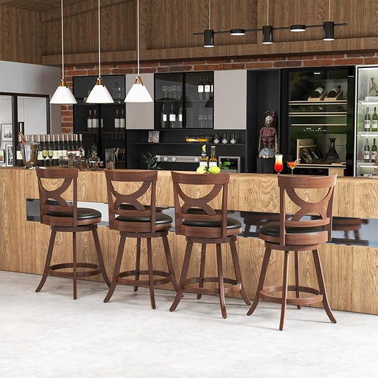 COSTWAY Bar Stools Set of 4, 360-Degree Swivel Chairs with Soft Cushion & Elegant Hollow Backrest, Rubber Wood Footrests, Upholstered Swivel Counter Stools for Kitchen Island, Pub, Café (4, 24‘’)