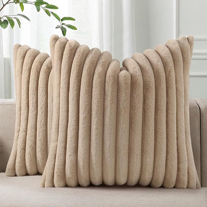 Pallene Faux Fur Plush Throw Pillow Covers 26x26 Set of 2, Luxury Soft Fluffy Striped Decorative Pillow Covers for Sofa, Couch, Living Room, Khaki