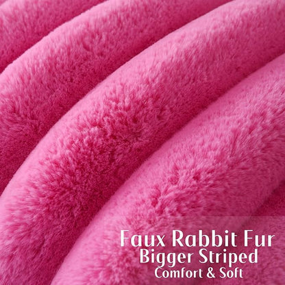 FUTEI Hot Pink Decorative Throw Pillow Covers 24x24 Inch Set of 2, Square Soft Faux Rabbit Fur Thick Striped European Cushion Covers,Winter Home Decor for Couch Bed Living Room
