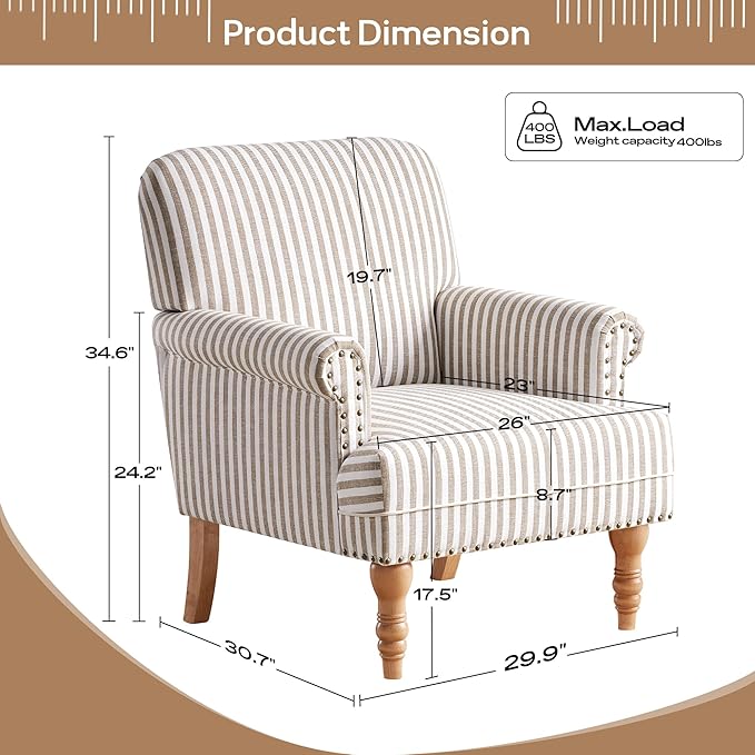 HUIMO Linen Fabric Accent Chair, Mid-Century Modern Armchair with Solid Wood Legs, Single Sofa Chair,Upholstered Reading Club Chair (1, Brown and White Stripe)