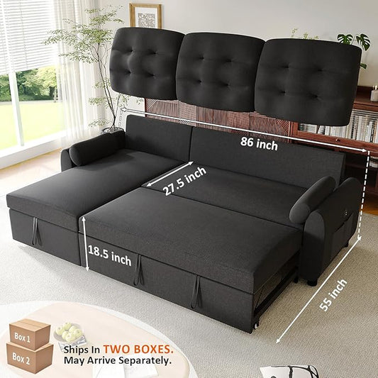 Ucloveria Sleeper Sofa Bed, 86" Convertible Sectional Sofa Couches for Living Room, Pull Out Couch Bed with Reversible Storage Chaise | USB Ports | Side Pockets | Removable Backrest