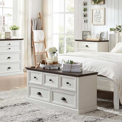 Farmhouse 5 Drawers Dresser for Bedroom, 45" Wide Chest of Drawers, 21" Tall Storage Closet Bench Storage Chest Storage Trunk, Wood Rustic Dresser for Closet, Living Room, Hallway, White