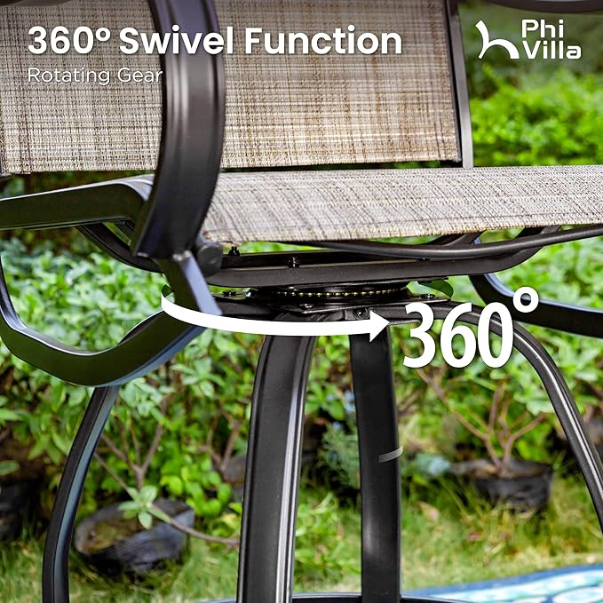 PHI Villa Outdoor Swivel Bar Stools Set of 2, Counter Height Patio Chairs with Waterproof Textile Fabric Brown, Rustproof Metal Frame & Circular Footrest for Poolside, Garden, Yard