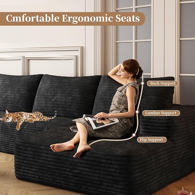 135.4'' Oversized Cloud Sofa Sectional Couch, Boneless Couch with L-Shape Chaise, Upholstered Compression Modular Sectional Sofa for Living Room, No Assembly Required (Black, Left Facing Chaise)