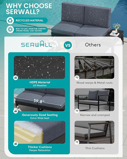 SERWALL HDPE Patio Furniture Set, Modular Outdoor Sectional Sofa Set with Built-in Side Tables, Seats 4, All-Weather Patio Conversation Set for Garden, Deck, Porch, Black Frame with Grey Cushion
