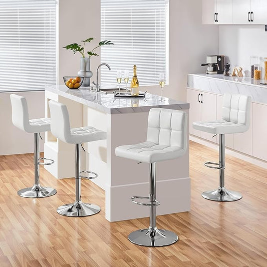 Yaheetech Bar Stools Set of 4, PU Leather Adjustable Swivel Barstools, Modern Armless Bar Chairs with Bigger Base, Thickened Seat Cushion, Square Island Barstools for Kitchen Island, White
