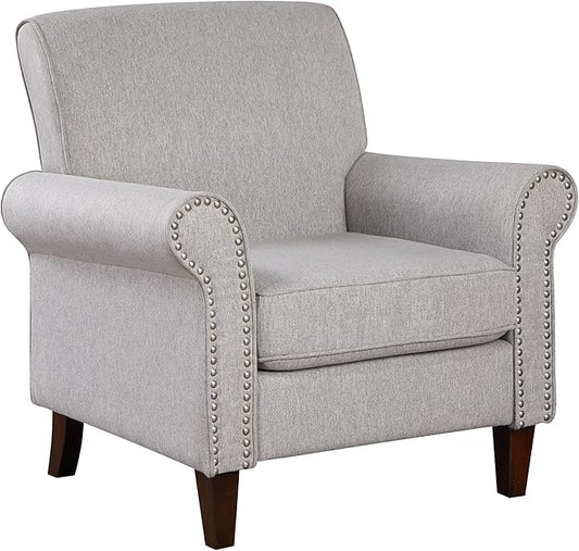 Prilinex Upholstered Living Room Chair - Large Comfy Fabric Accent Chair Single Sofa with Cushion, Rolled Armrest & Nailhead Trim, Mid Century Modern Armchair for Bedroom, Office, Grey