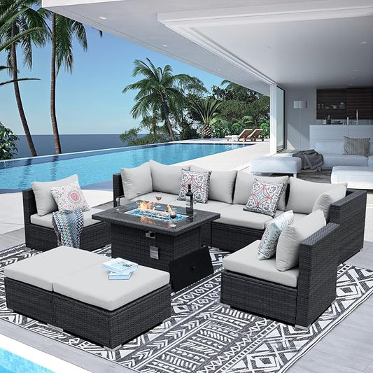 NICESOUL 29.3'' High Back Outdoor Patio Conversation Set with Firepit Natural Gas Propane Convertible, Plus Size Modular Wicker Furniture Couches, 9 Piece Modern Deep Wide Sectional Sofa, Light Gray