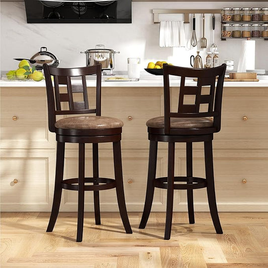 COSTWAY Set of 2 Bar Stools, 30” Swivel Bar Chairs with Footrest, Rubber Wood Frame & Lattice Backrest, Leathaire Bar Height Stools for Kitchen Island (2, 30”)