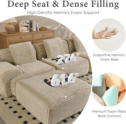 VK·LIVING 113" Cloud Sectional Couch, 61.6" Deep Seat Boneless Modular Sofa with Wide Armrests, Plush Corduroy Memory Foam Couch for Living Room, No Assembly, Sage Green