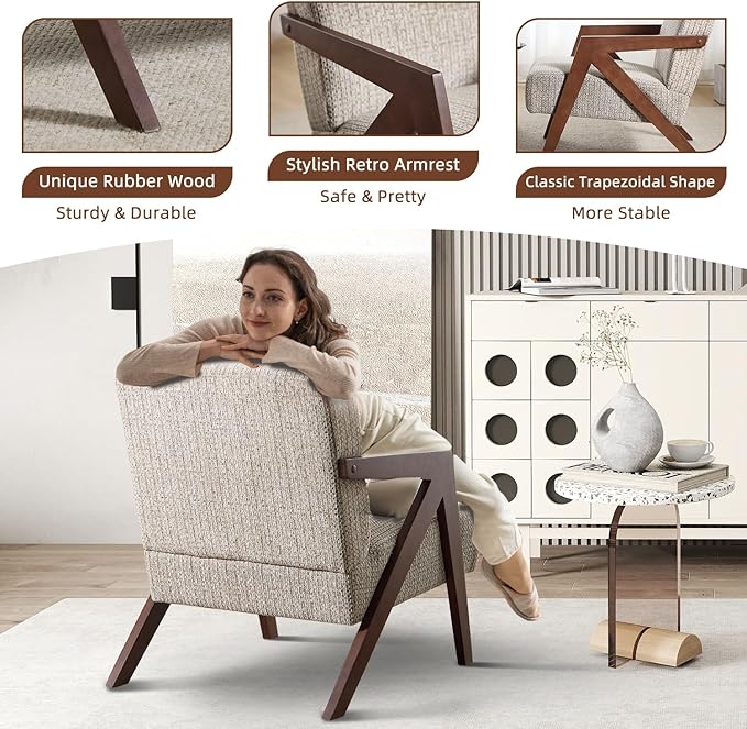 INZOY Accent Chairs Set of 2, Mid Century Modern Accent Chair with Wood Frame, Upholstered Reading Armchair with Soft Linen Fabric, Accent Chair for Living Room Bedroom Apartment, Easy Assembly, Brown