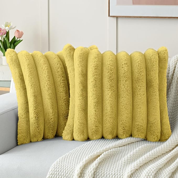 FUTEI Mustard Yellow Decorative Throw Pillow Covers 22x22 Inch Set of 2, Square Soft Faux Rabbit Fur Big Striped Cushion Cover,Home Decor for Couch Sofa Bed Living Room