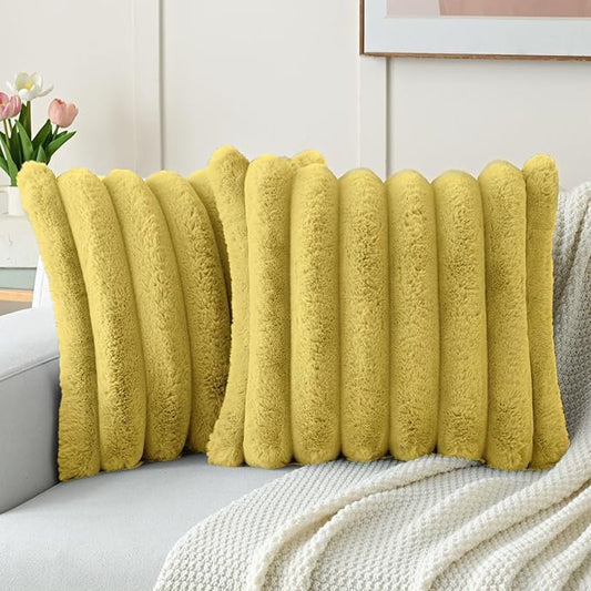 FUTEI Mustard Yellow Decorative Throw Pillow Covers 24x24 Inch Set of 2, Square Soft Faux Rabbit Fur Big Striped Pillow Sham,Home Decor for Couch Sofa Bed Living Room
