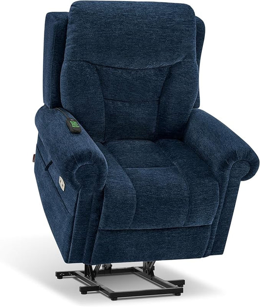 MCombo Triple Motor Power Lift Recliner Chair with Massage and Lumbar&seat Heating, Rolled Arms, Adjustable Headrest for Elderly People, Fabric 7888 (Navy Blue, Medium)