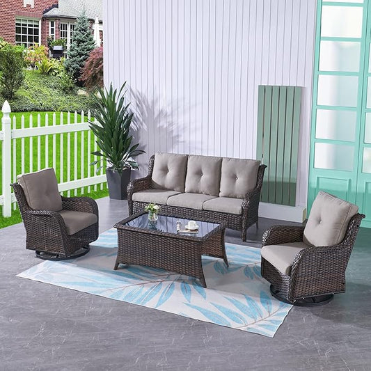 HUMMUH 4 Pieces Outdoor Furniture Patio Furniture Set Wicker Outdoor Sectional Sofa with Swivel Rocking Chairs,Outdoor Coffee Table,Brown/Grey