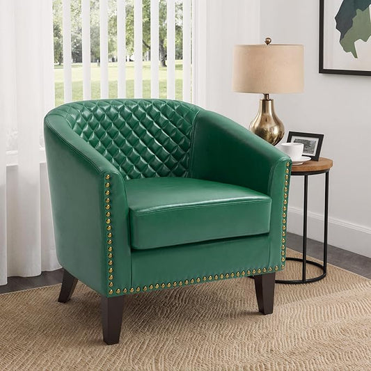 Pia Ricco Faux Leather Barrel Accent Chair, Modern Club Arm Chair Comfy Upholstered Single Sofa Chair with Solid Wood Legs and Nailhead Trim for Living Room/Reading Room (Green)