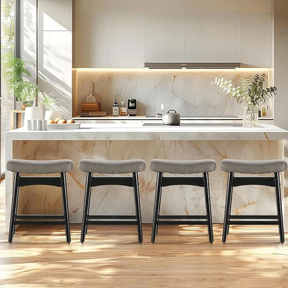 ALPHA HOME Bar Stools Set of 4, Solid Wood Saddle Kitchen Stools with Grey PU Leather Cushion Counter Height Barstools with Wooden Base for Kitchen Dining Cafe, 24 Inch, Grey, 4PCS