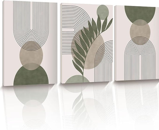 30x40CM Sage Green Boho Wall Art,Framed Canvas Bathroom Wall Art Pictures, Mid-Century Modern Wood Framed Abstract Prints for Bedroom,Minimalist Office Wall Decor 3Pack