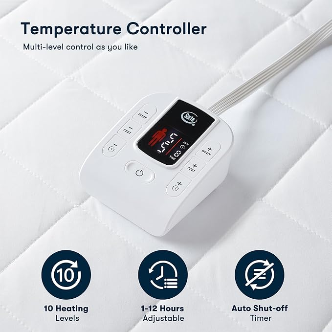 Serta Multi-Zone Heated Mattress Pad – Single Controller for Personalized Body & Foot Warmth, 10 Heat Settings, Auto Shut-Off, Soft Microfiber, Machine Washable, 15" Deep Pocket – Twin Size