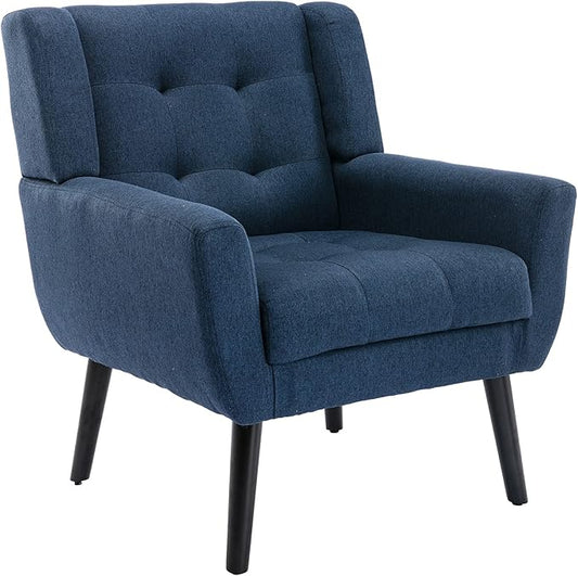 Dolonm Midcentury Modern Accent Chair with Arms, Upholstered Fabric Reading Side Chair Tufted Back Decorative Wingback Chair for Living Room Bedroom (Blue)