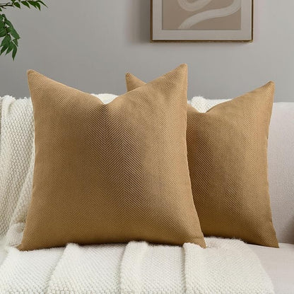 FUTEI Camel Chenille Throw Pillow Covers 20x20 Inch Set of 2,Soft Wide Chevron Textured Cushion Case,Farmhouse Home Decor for Couch Bed Living Room
