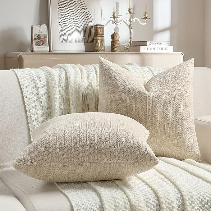 FUTEI Beige Chenille Throw Pillow Covers 26x26 Inch Set of 2,Soft Striped & Diamond Textured Euro Pillow Shams,Modern Home Decor for Couch Living Room