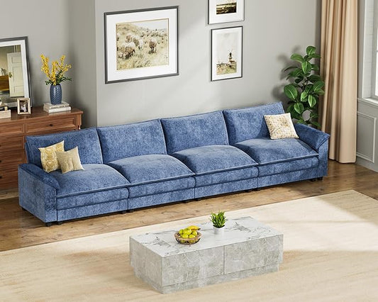 Homall 159" Modular Sectional Sofa, Linear Sofa Couch with Double-Layer Cushion, DIY Combination Chenille Deep 4-Seat Cloud Couch for Living Room, Apartment (Dark Blue, Linear Sofa)