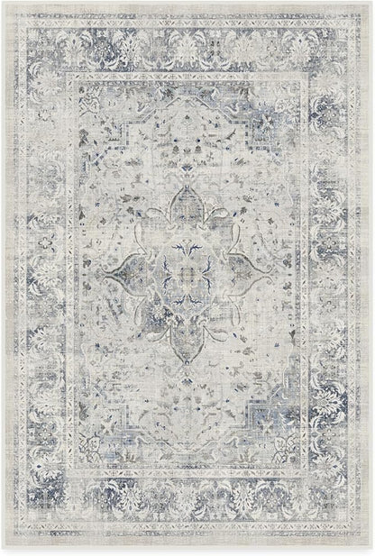 RUGGABLE Washable Vintage Area Rug – Sarrah Blue Quartz 4x6, Stain-Resistant, Non-Slip – Medium Machine Washable Rugs for Living Room, Bedroom, Hallway, Entryway & Office–with Cushioned Pad