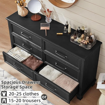 Farmhouse Bedroom Dresser and Nightstand Set of 4, 6 Drawer Tall & Low Dresser & 2 Drawer Nightstand Set, Rustic Wood Bedroom Furniture Set for Livingroom, Hallway, Black