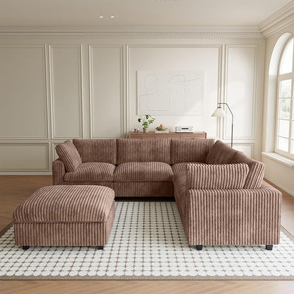 Modular Sectional Couch, Convertible L Shaped Sofa for Living Room, Deep Seat Cloud Sectional Couch, 5 Seat Comfy Modular Sofa, Cushion Covers Removable, Brown