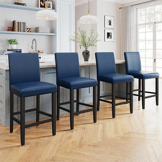 LSSPAID Counter Height Bar Stools Set of 4, 24.8 Inch Upholstered PU Leather Barstools, Modern Kitchen Island Chairs with Backrest and Solid Wood Legs, Navy Blue