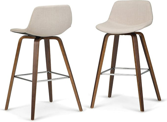 SIMPLIHOME Randolph Counter Stools (Set of 2) - 28 Inch Seat Height Upholstered Bentwood Kitchen Seats in Natural Linen Look Fabric, Mid Century Modern Seating with Curved Backrest and Chrome Footrest