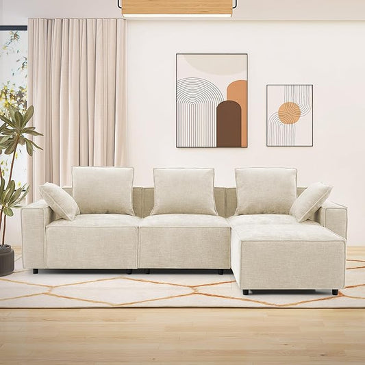 WILLOVE 109'' Modular Sectional Sofa, Chenille Cloud Couch with Wide Armrests & 5 Pillows, Deep Seat Couches for Living Room, Beige