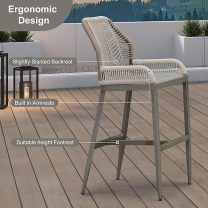 PURPLE LEAF 4 Pieces Bar Stools Patio Modern Rattan Barstools Aluminum Woven Tall Bar Chairs with Cushions for Outdoor Kitchen Island Garden